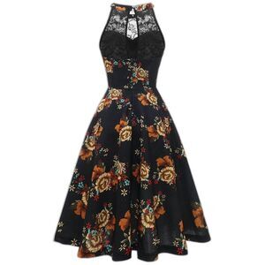 Women Prom Wedding Dress Floral Halter Lace A-Line Short Vintage Black (41)